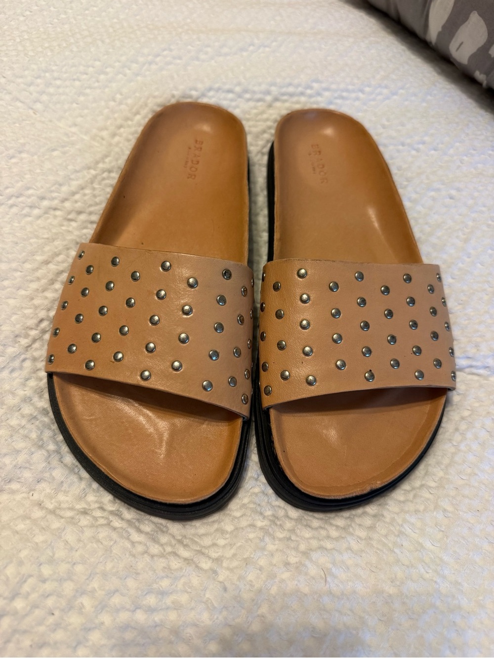 Brador Studded Tan Slide Sandals - Made in Italy